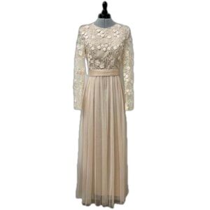 😍2/$20 SHEIN Floral Lace Tulle Long Sleeve Maxi Dress Cream Sz M